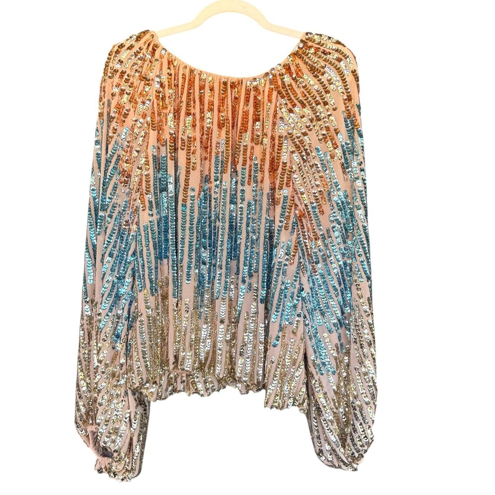 River Island Blouse Womens 14 Pink Sequin Balloon Sleeve Pretty Sands Party Top